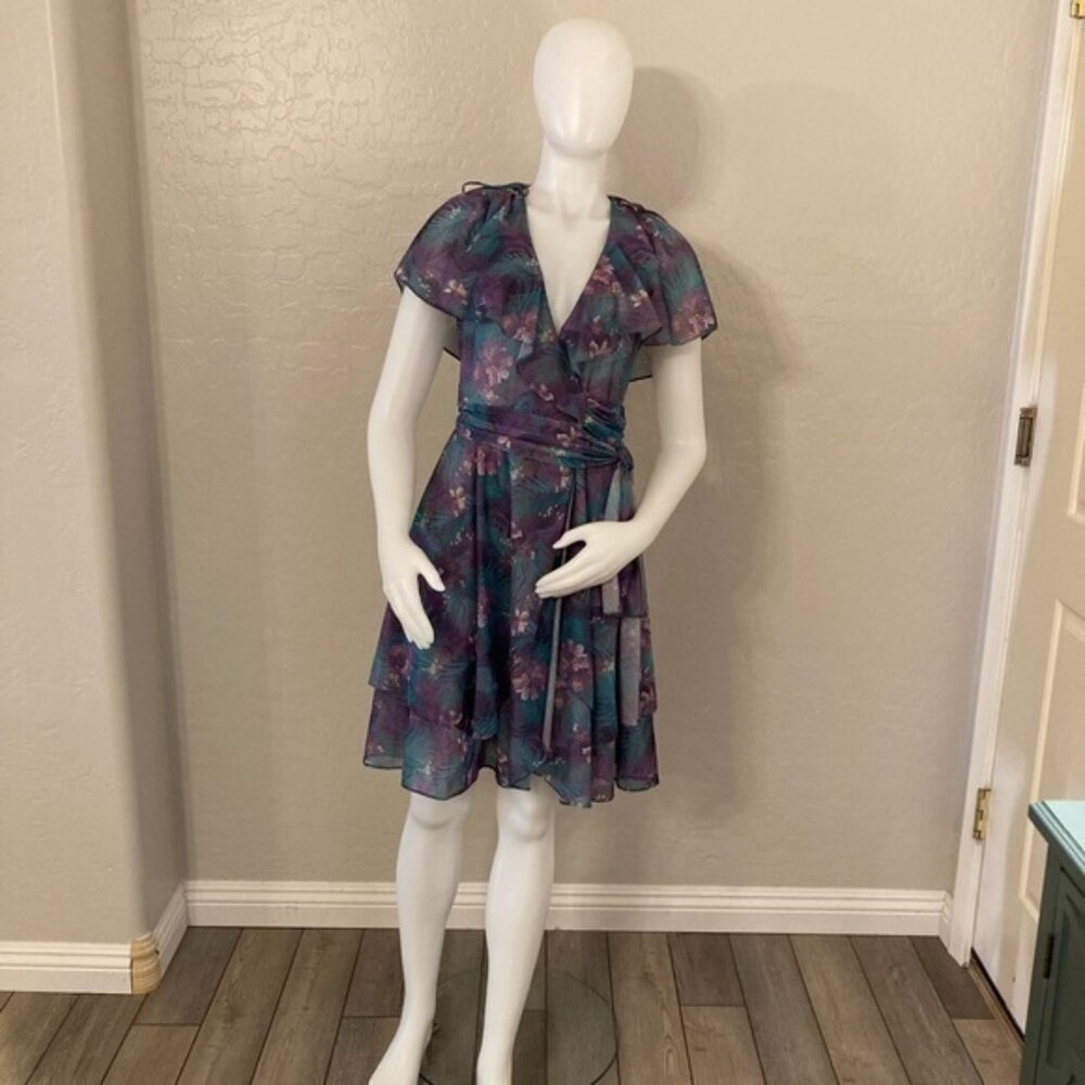Vintage Union Made Patty O’Niel Purple Tropical Floral Print Wrap Dress